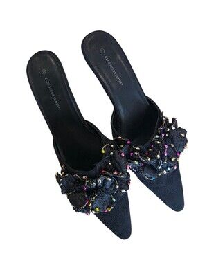Blue Suede Shoes Black Beaded Floral Embellished Kitten Heel Mules Size 7.5